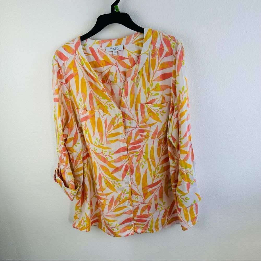 Coral Bay Linen Blend Tropical Print Pink Orange Blouse Size 1X